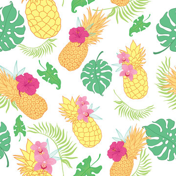Tropical pineapples seamless repeat pattern. Great for summer exotic wallpaper, backgrounds, packaging, fabric, and giftwrap projects. Surface pattern design.