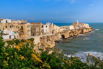 Fototapeta na wymiar Italy, Foggia, Apulia, SE Italy, Gargano National Park, Vieste. Old town of Vieste cityscape with medieval church at the tip of the peninsula of this fishing village in Gargano, Apulia, Italy.