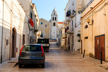 Naklejka premium Italy, Foggia, Apulia, SE Italy, Gargano National Park,Vieste. Gargano peninsula,Medieval facade of St. Francis church.