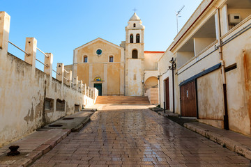 Italy, Foggia, Apulia, SE Italy, Gargano National Park,Vieste. Gargano peninsula,Medieval facade of St. Francis church.