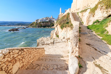 Italy, Foggia, Apulia, SE Italy, Gargano National Park, old town Vieste. White-washed stone houses...