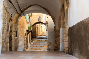 Italy, Foggia, Apulia, SE Italy, Gargano National Park, Vieste. Old city, pedestrian arched pathways, streets. Stairways.