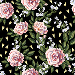 Seamless pattern with pink roses, leaves and white flowers. Vector illustration.