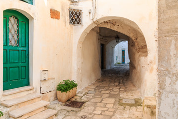 Italy, SE Italy, Ostuni. Narrow, arched old town . Green Doorways.The 