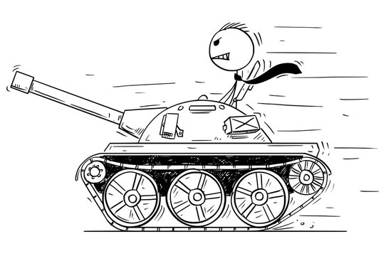 Cartoon stick man drawing conceptual illustration of businessman or politician in small tank or tankette going to enjoy the fighting, killing and destruction. Business concept of war as political game