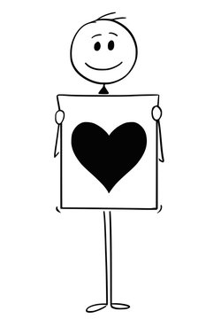 Cartoon stick man drawing conceptual illustration of man or businessman holding sign with big heart symbol. Concept of love declaration.