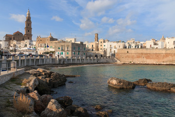 Italy, SE Italy,  province of Bari, region of Apulia, Monopoli. City scape, harbor, walled city, Cathedral.