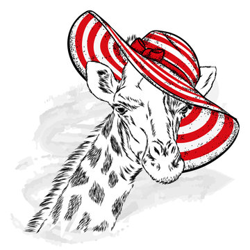 Funny giraffe in a beach hat and glasses. Animal in clothes and accessories. Hipster. Vector illustration.