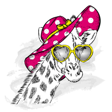 Funny giraffe in a beach hat and glasses. Animal in clothes and accessories. Hipster. Vector illustration.