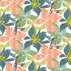 Seamless pattern with bold colorful flowers with shaded texture.