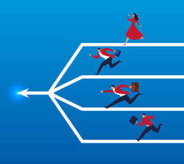 Four businessmen running to the same destination