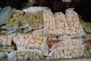 Aichi,Japan-May 11,2018: Japanese typical snack, puffed rice or rice puff or pon-gashi, sold at a stand in Atsuta Shinto Shrine