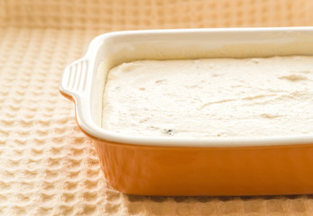 Uncooked mixed cottage cheese casserole with raisins