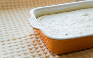Uncooked mixed cottage cheese casserole with raisins