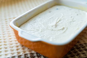 Uncooked mixed cottage cheese casserole with raisins