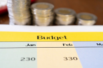 Budget worksheet with Coins and Red Calculator 