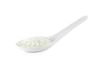 rice in white ceramic spoon on white background