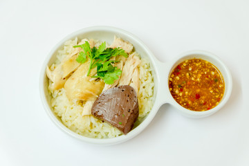 Close up and top view : Hainanese chicken rice, popular and recommend menu in Thailand or Singapore. Isolated on white background.