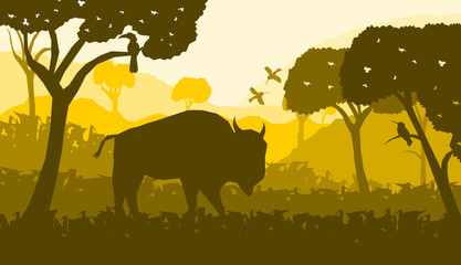low poly asian nature vector,cow on the grass field with hornbill bird,silhouette style