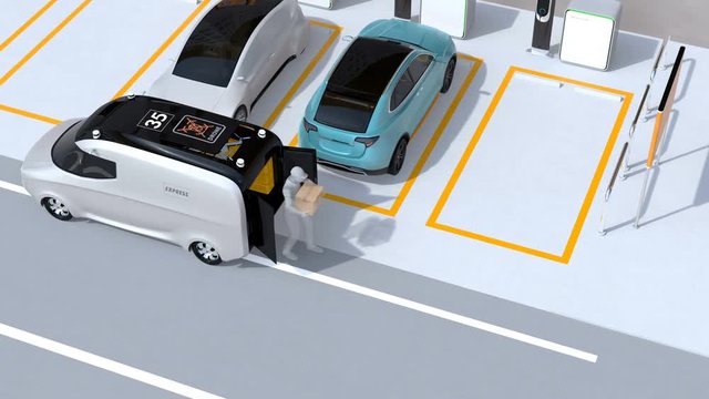 Delivery staff carrying package to blue car trunk in parking lot. Drone takes off from delivery van to delivering parcel. Concept for last one mile. 3D rendering animation.