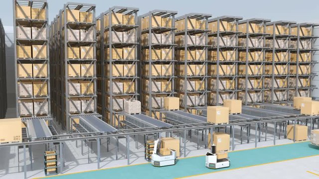 Modern Automated Logistics Center's interior. AGV and autonomous forklift carrying goods. Concept for automated logistics solution. - Powered by Adobe
