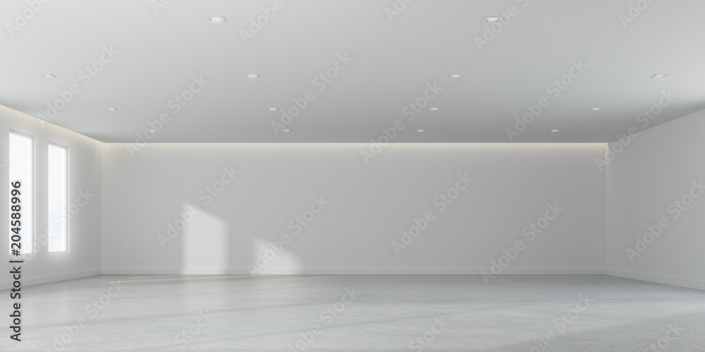 Poster 3D rendering of white room space with interior lighting and sun light cast the window shadow on the wall and floor,Perspective of minimal design architecture	