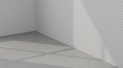 3D rendering of the empty room space with sun light cast the window shadow on the plank wall and interior lighting,Perspective of minimal design architecture.