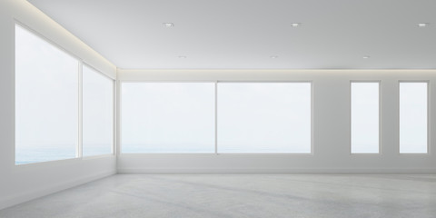 3D rendering of white room space with interior lighting and sun light cast the window shadow on the wall and floor,Perspective of minimal design architecture	
