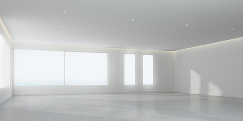 3D rendering of white room space with interior lighting and sun light cast the window shadow on the wall and floor,Perspective of minimal design architecture	
