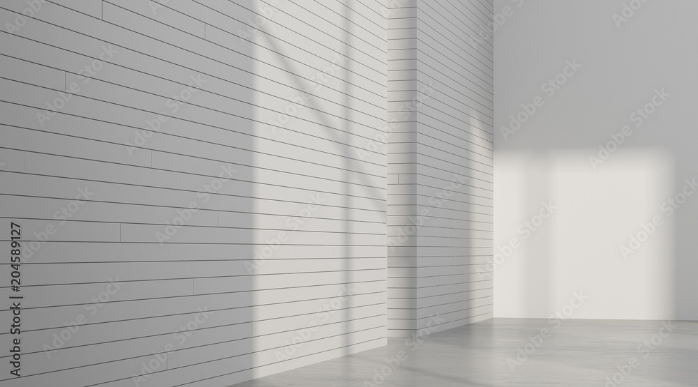 Poster 3D rendering of the empty room space with sun light cast the window shadow on the plank wall and interior lighting,Perspective of minimal design architecture.