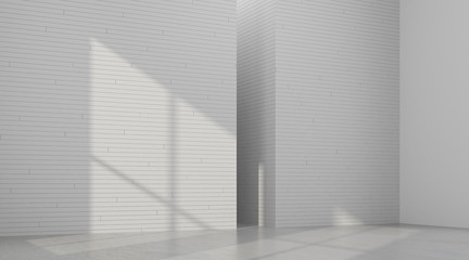 3D rendering of the empty room space with sun light cast the window shadow on the plank wall and interior lighting,Perspective of minimal design architecture.