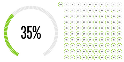 Set of circular sector percentage diagrams from 0 to 100 ready-to-use for web design, user interface (UI) or infographic - indicator with green