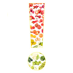 Exclamation mark made from fruits and vegetables, isolated