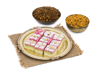 Indian Sweet Dryfruit Barfi Also Know As Cashew barfi, Mithai, barfee, Mawa Barfi, Mava barfi, khoya Burfi Indian Popular Sweet Made up of Coconut, Mawa, Milk and Sugar isolated on white background