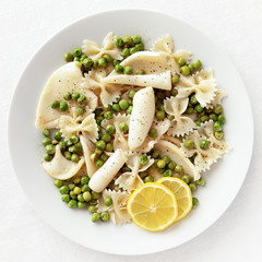 calamari, pasta, and pea cooked with garlic, olive oil and lemon juice