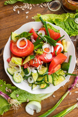 Fresh vegetables Greek salad with tomatoes, cucumbers, onion slices and sprouts. Served with olive oil. Raw vegan vegetarian healthy food