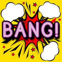 Bang - retro lettering with shadows, halftone pattern on retro poster  background. Vector bright illustration in vintage pop art style.