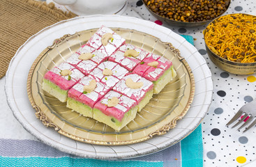 Indian Sweet Dryfruit Barfi Also Know As Cashew barfi, Mithai, barfee, Mawa Barfi, Mava barfi, khoya Burfi Indian Popular Sweet Made up of Coconut, Mawa, Milk and Sugar