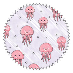 seal stamp with cute jellyfish pattern over white background, vector illustration