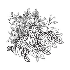 Floral pattern in black and white. Adult coloring book page with bouquet. Art therapy, anti stress coloring page. Hand drawn vector illustration