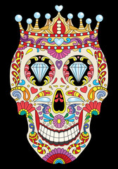 Day of The Dead colorful Sugar Skull with Flowers pattern on face wearing crown. Design elements label, emblem, poster, t-shirt. Vector illustration