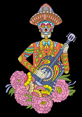 Day of The Dead colorful Sugar Skull with roses and guitar. Design elements label, emblem, poster, t-shirt. Vector illustration