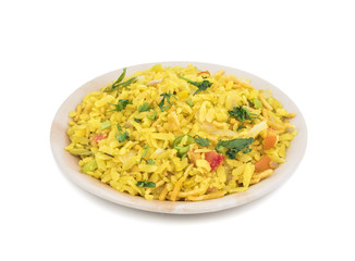 Indian Breakfast Dish Poha Also Know as Pohe or Aalu poha made up of Beaten Rice or Flattened Rice. The rice flakes are lightly fried in oil with mustard, chilly, onion, curry leaves and turmeric
