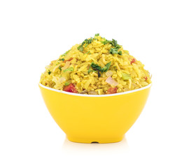 Indian Breakfast Dish Poha Also Know as Pohe or Aalu poha made up of Beaten Rice or Flattened Rice. The rice flakes are lightly fried in oil with mustard, chilly, onion, curry leaves and turmeric