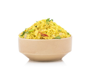 Indian Breakfast Dish Poha Also Know as Pohe or Aalu poha made up of Beaten Rice or Flattened Rice. The rice flakes are lightly fried in oil with mustard, chilly, onion, curry leaves and turmeric