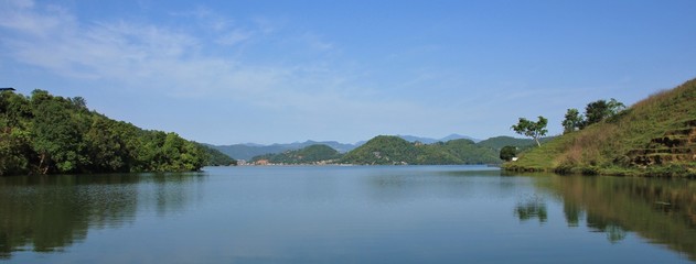 Morning in Majhjkuna, Nepal. View of lake Begnas, landscape near Pokhara.