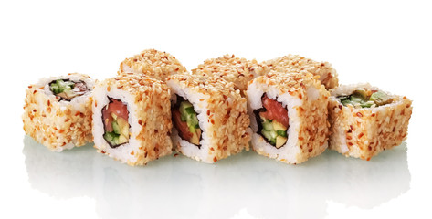 Traditional Asian dish sushi rolls with seafood isolated on white