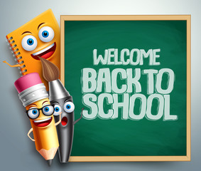 Back to school banner with vector cartoon characters and education items like chalkboard with space for text. Vector illustration background template.
