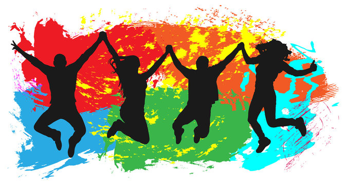 Jumping youth on colorful background. Jumps of cheerful young people, friends