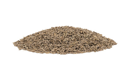 Pile of Dried Cumin Seeds Also Know as Caraway, jira or jeera Its seeds are used in the cuisines of many different cultures isolated on white Background